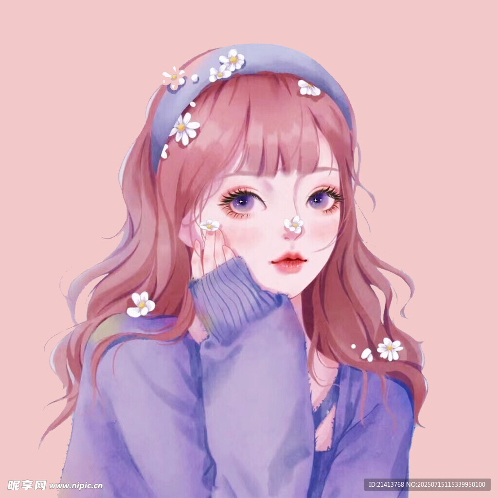 紫色系甜美长发少女插画