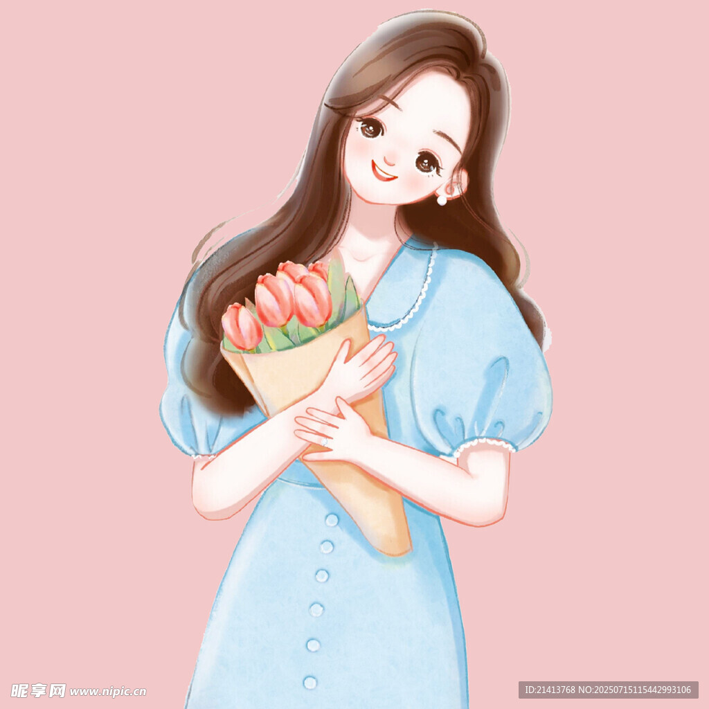 手持花束的甜美蓝衣女孩