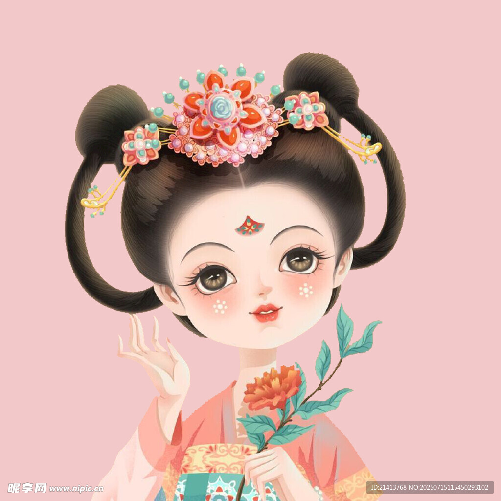 古风双髻少女手持花枝