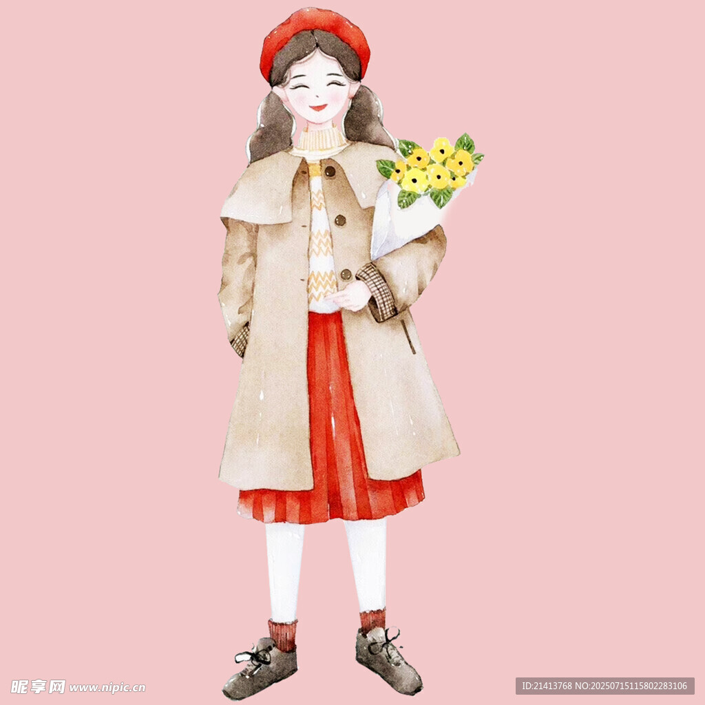 复古风少女手持花束造型