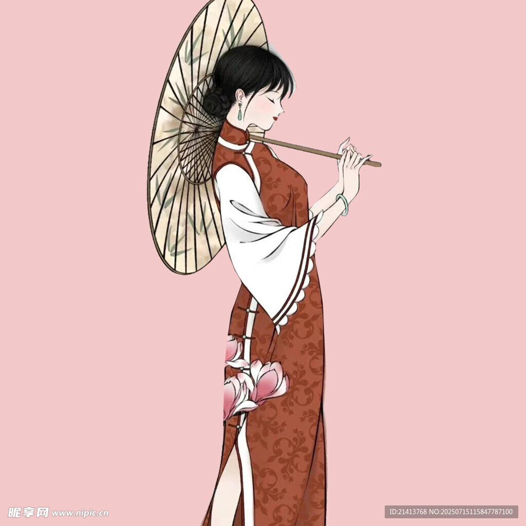 持伞吹笛的古典旗袍女子