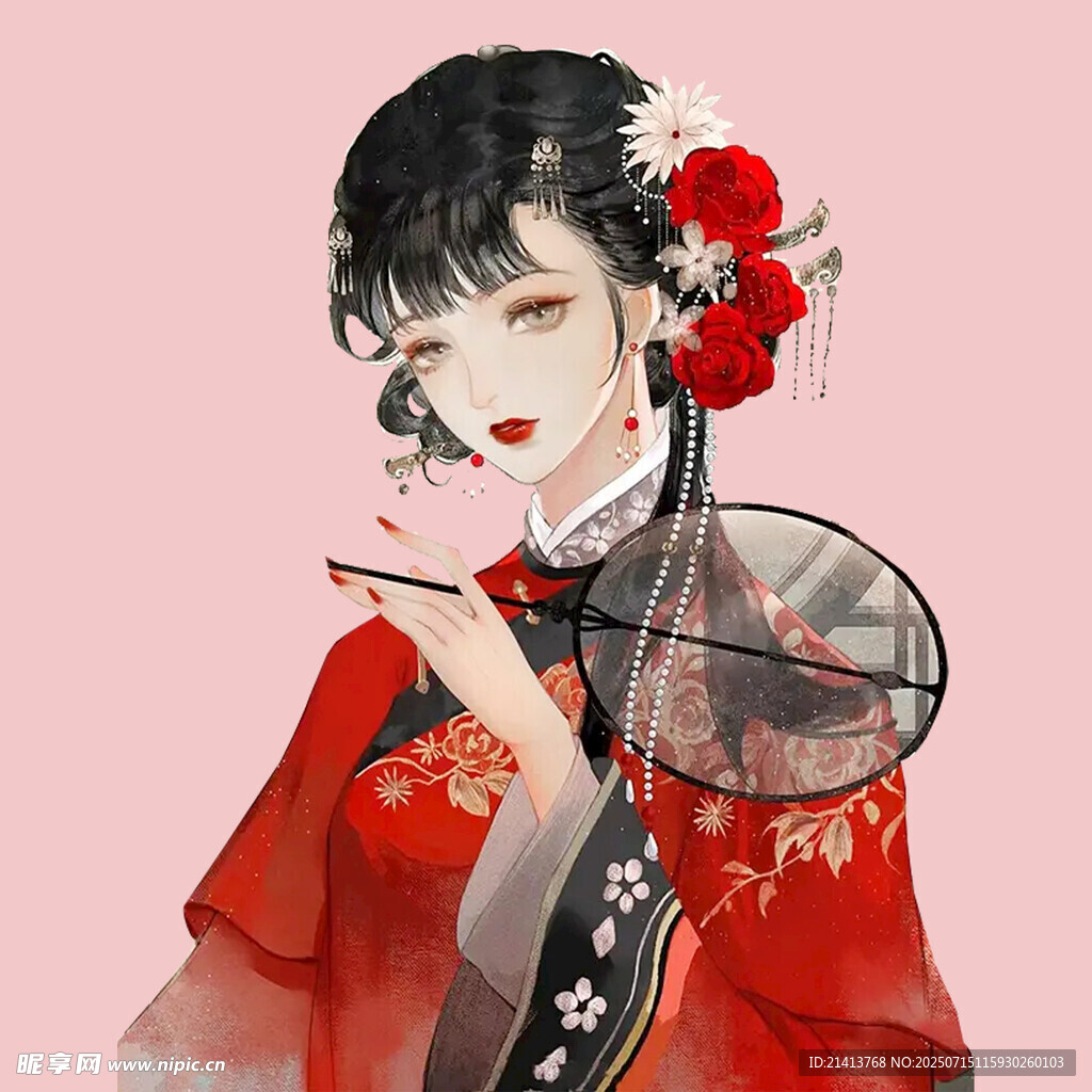 古风红衣女子持扇优雅图