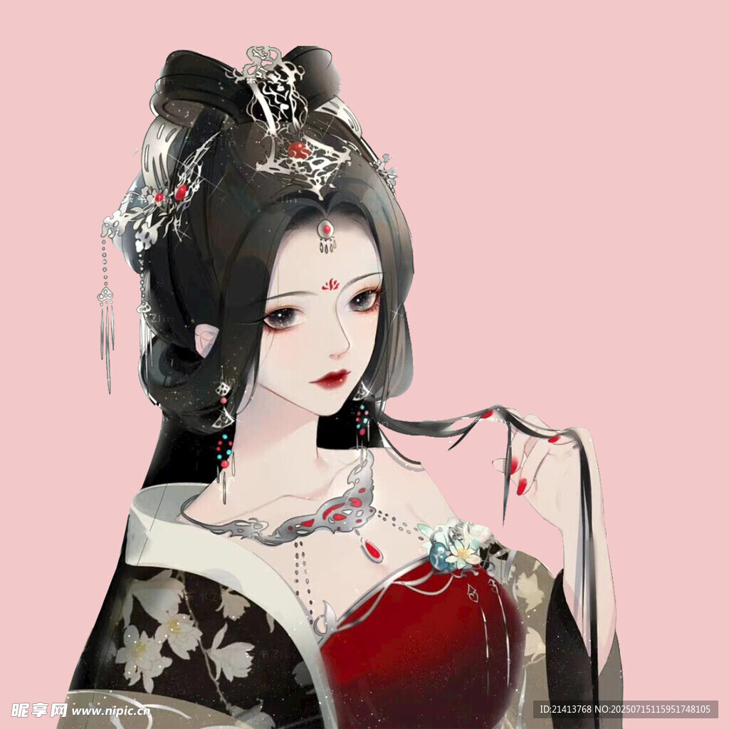 古风红衣佳人插画