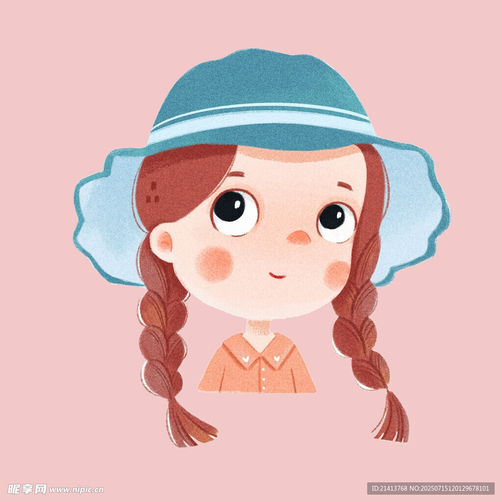 戴蓝帽扎双辫的可爱女孩