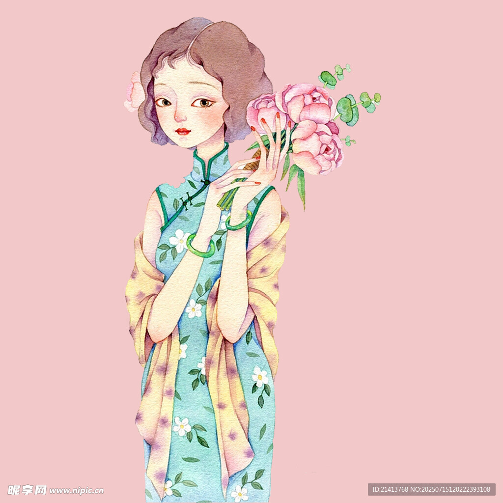 旗袍少女手持娇艳花朵