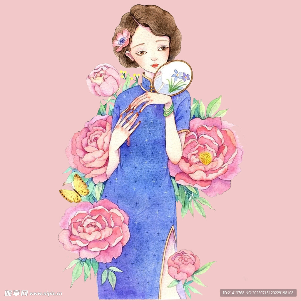 旗袍女子手持圆镜赏繁花