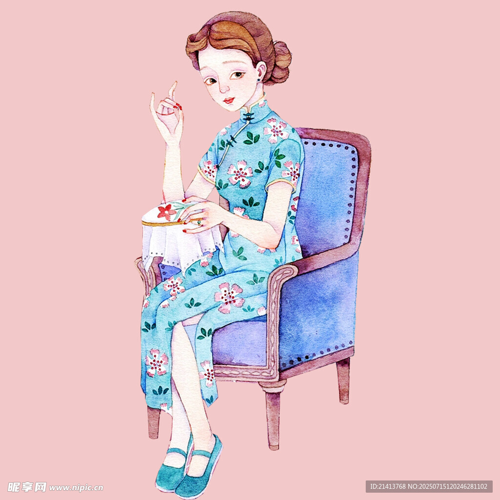 复古旗袍女子优雅坐姿