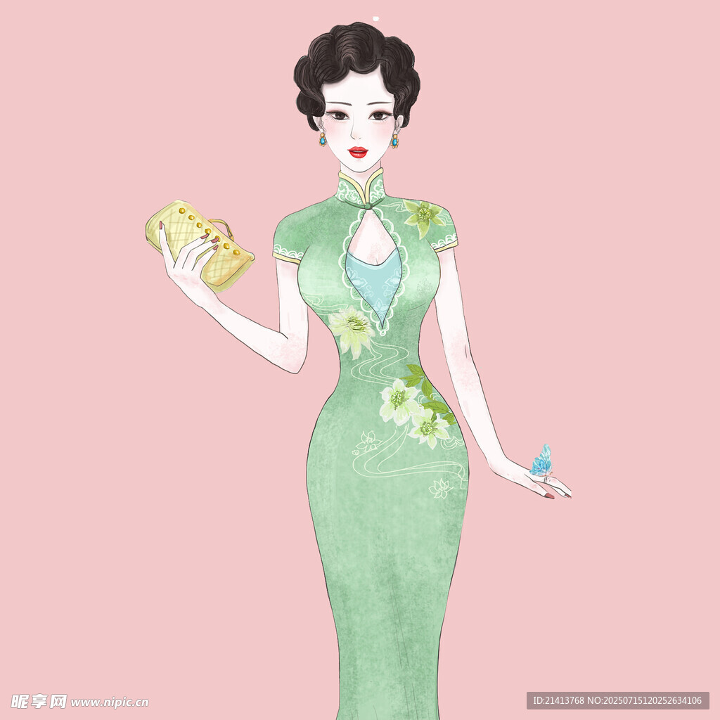复古旗袍女子手持精致手包