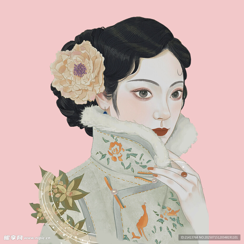 复古旗袍女子优雅侧颜