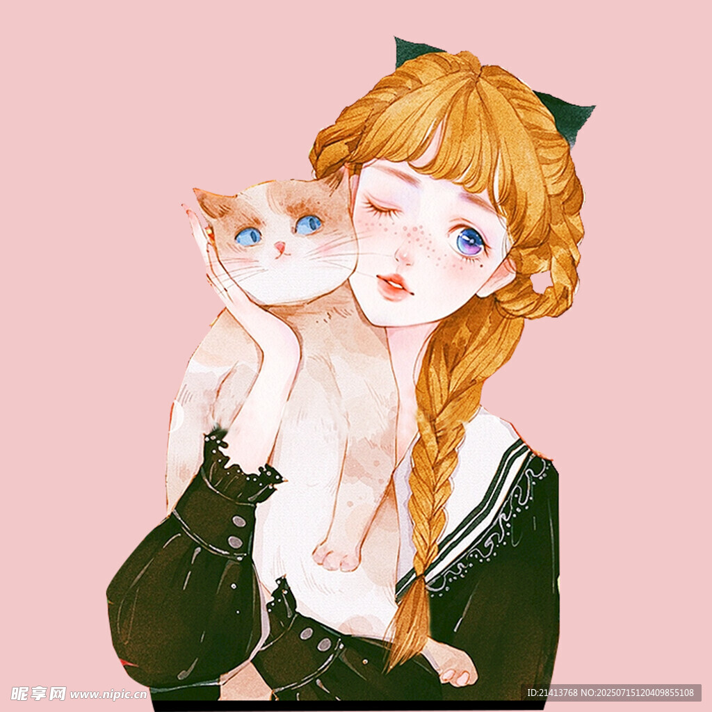 红发女孩与猫咪的温馨瞬间