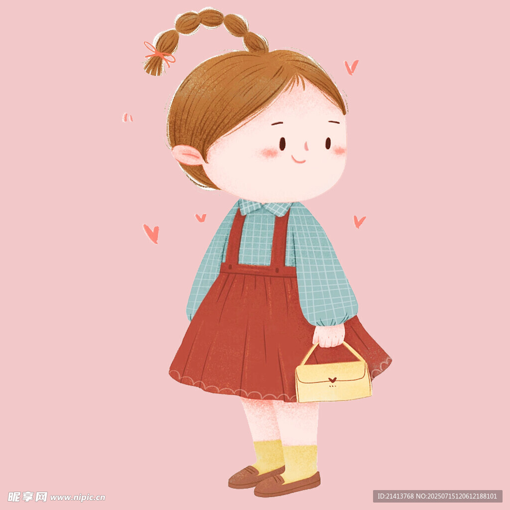 扎辫女孩手拿包的可爱瞬间