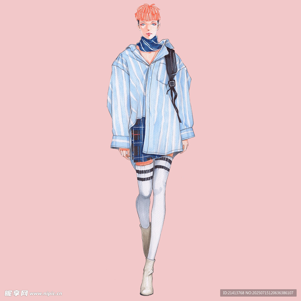 时尚蓝条纹服装模特插画