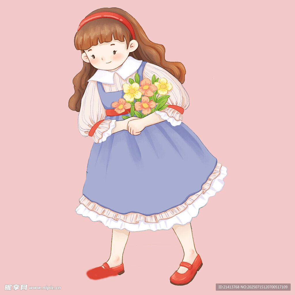 手持花束的甜美复古女孩