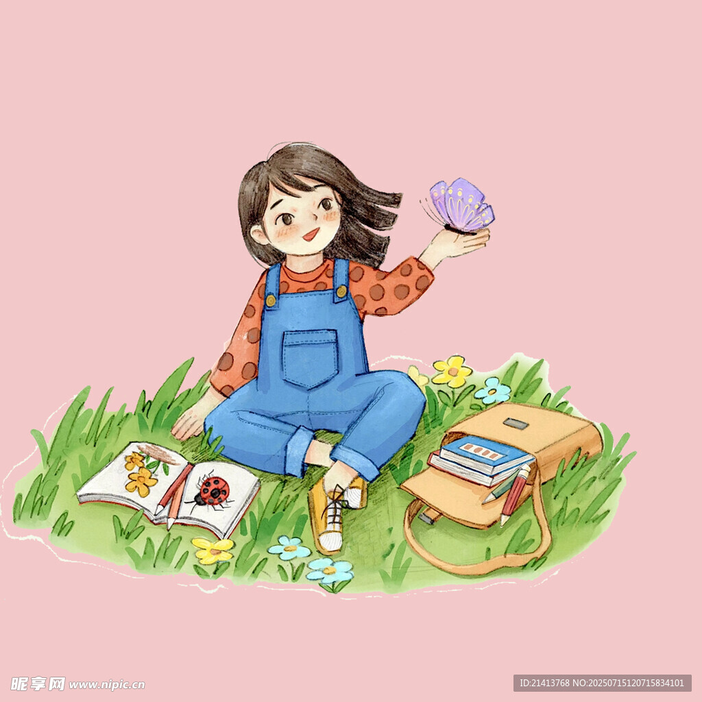 女孩草地写生的惬意时光