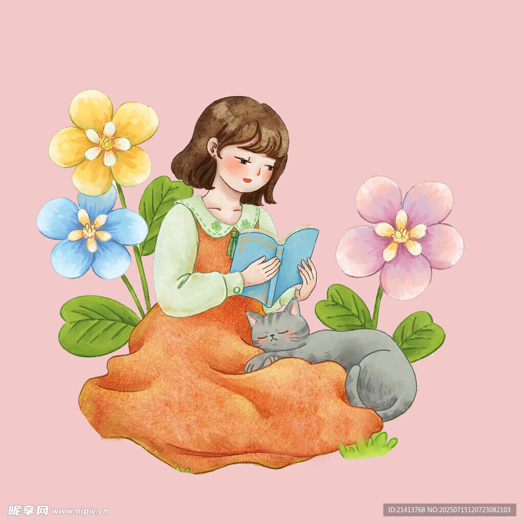 女孩花丛中惬意阅读时光