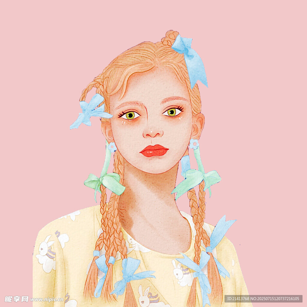 扎辫戴蓝蝴蝶结的时尚女孩