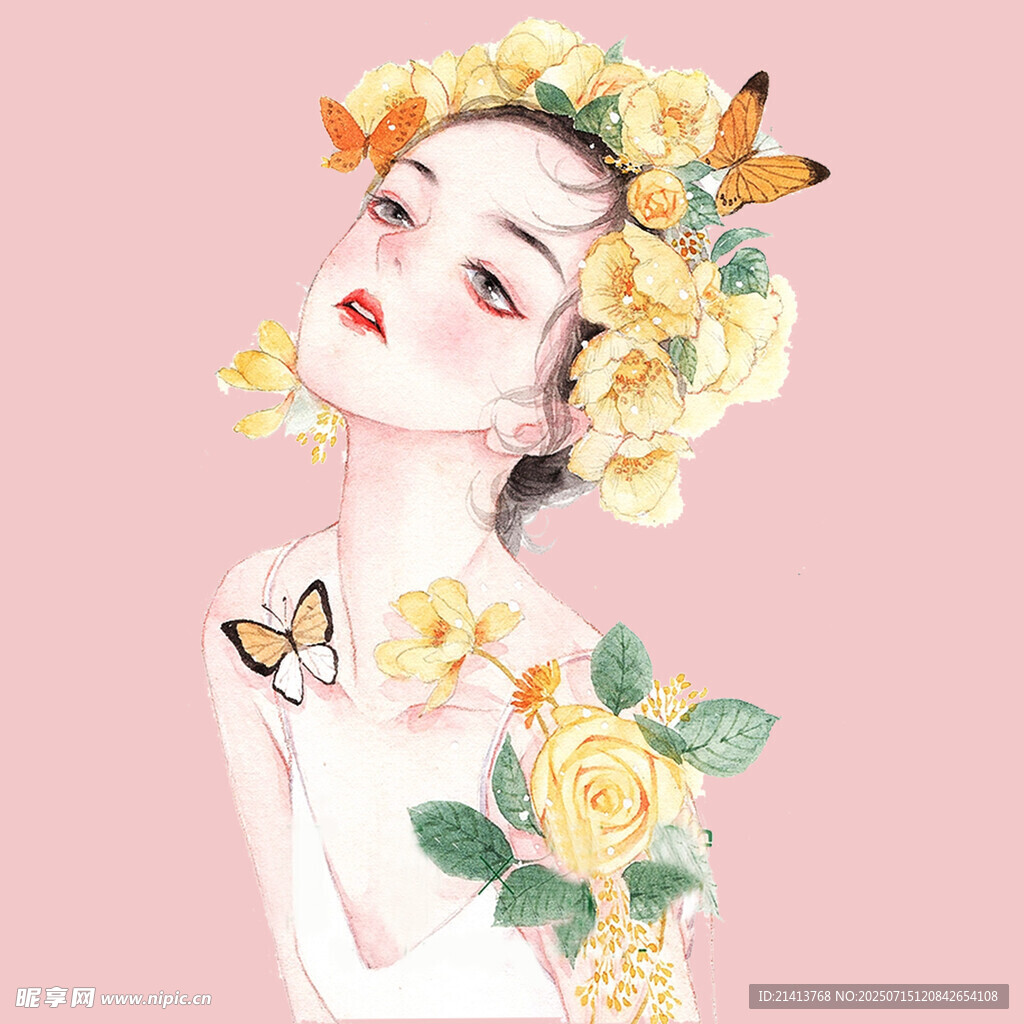 头戴花环的梦幻蝴蝶少女
