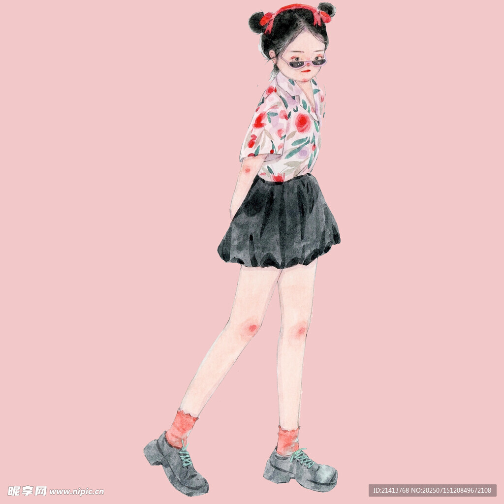 复古风双马尾少女插画