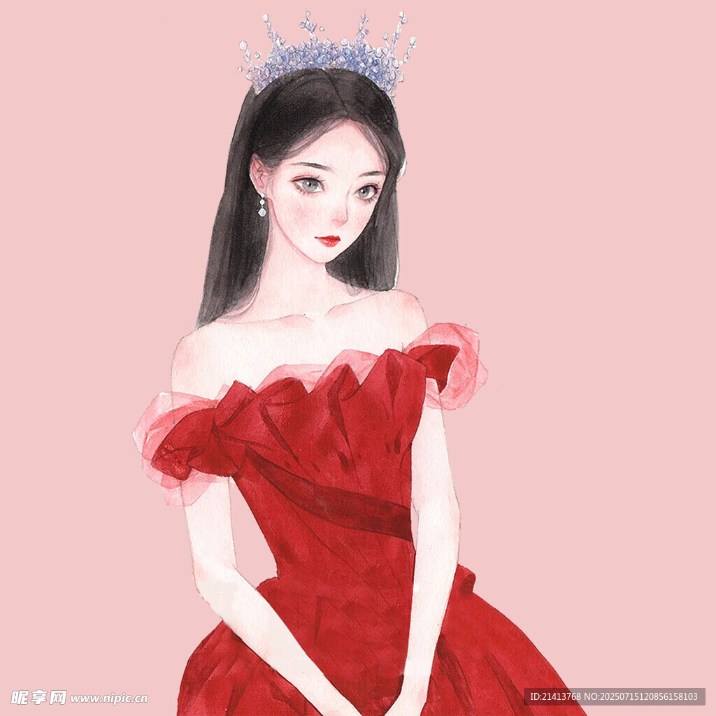 红衣戴冠的优雅少女