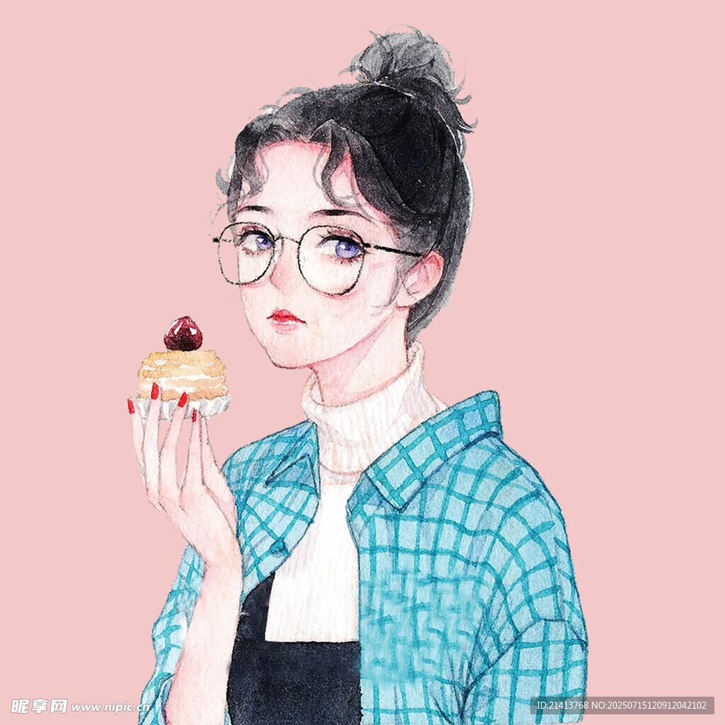 戴眼镜女孩手持美味甜点