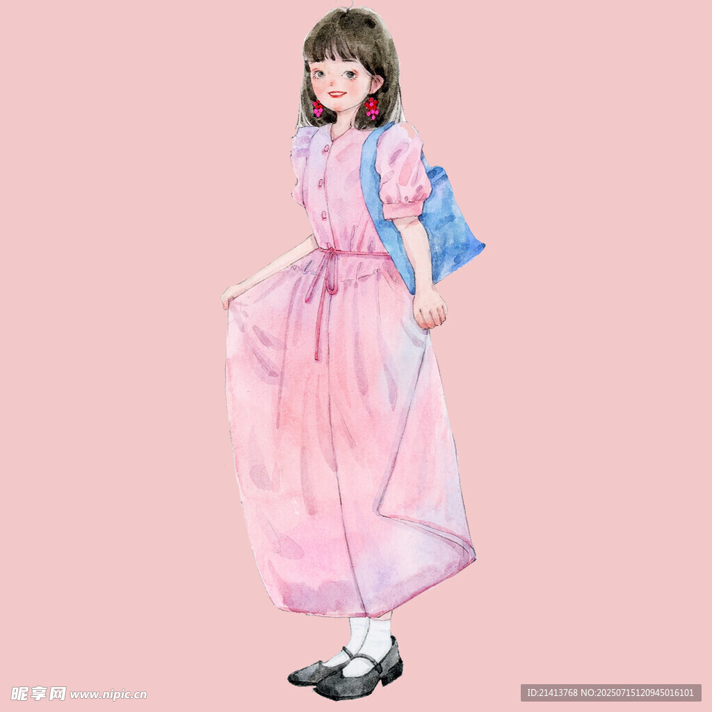 粉色长裙少女插画