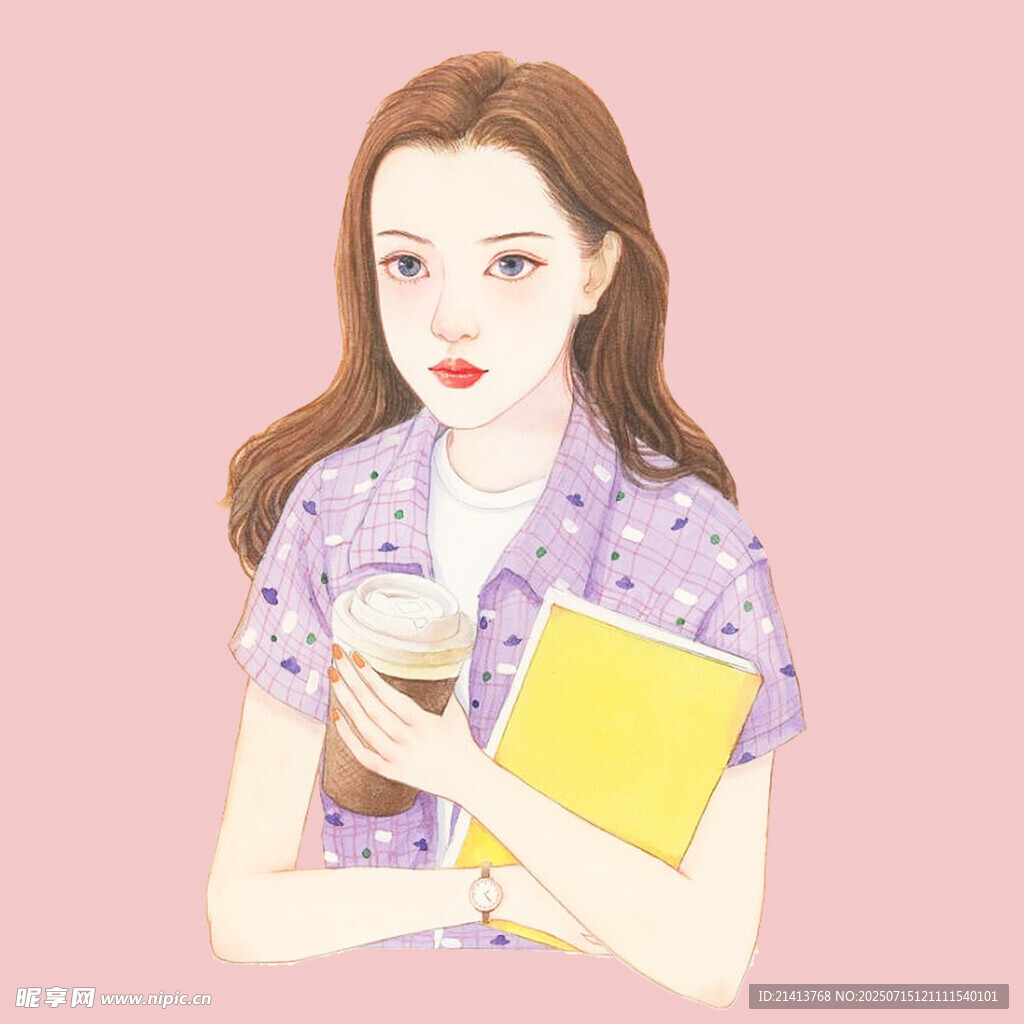 手持书本饮品的时尚女孩