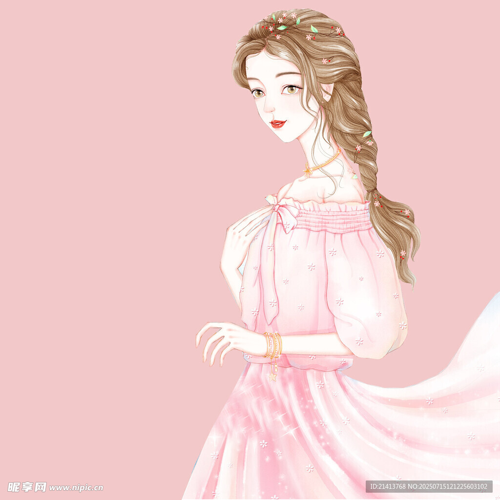 粉色长裙的优雅古典少女