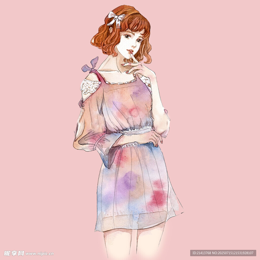 彩色连衣裙少女插画