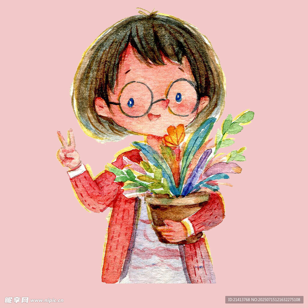 戴眼镜女孩捧花盆比耶
