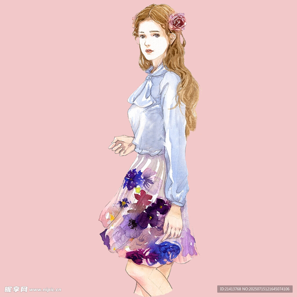梦幻花卉少女插画