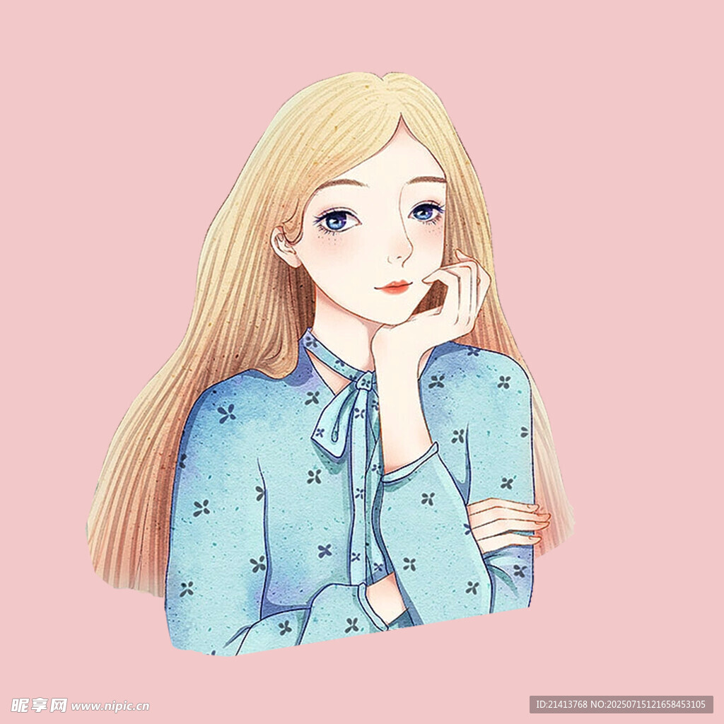 长发蓝衣女孩的温柔姿态