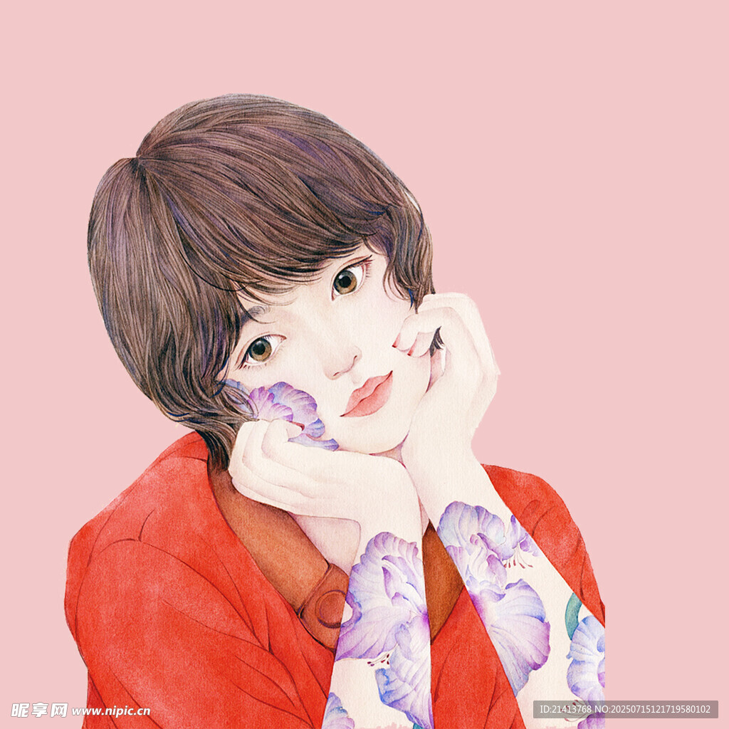 红衣少女托腮的梦幻插画