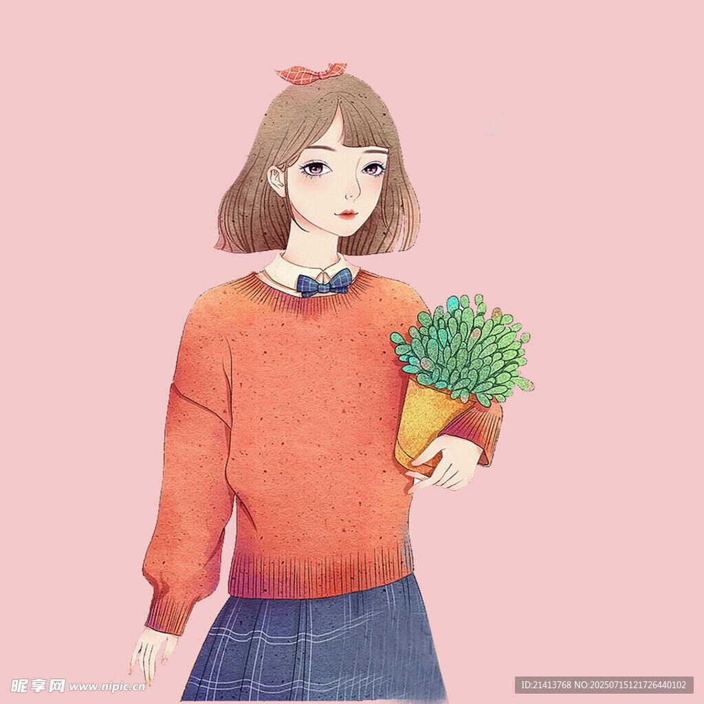 手持绿植的甜美女孩