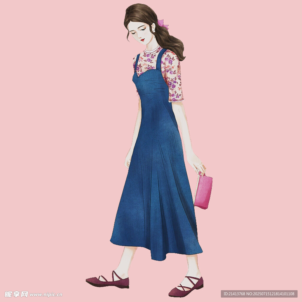 复古风女子手提粉色包漫步