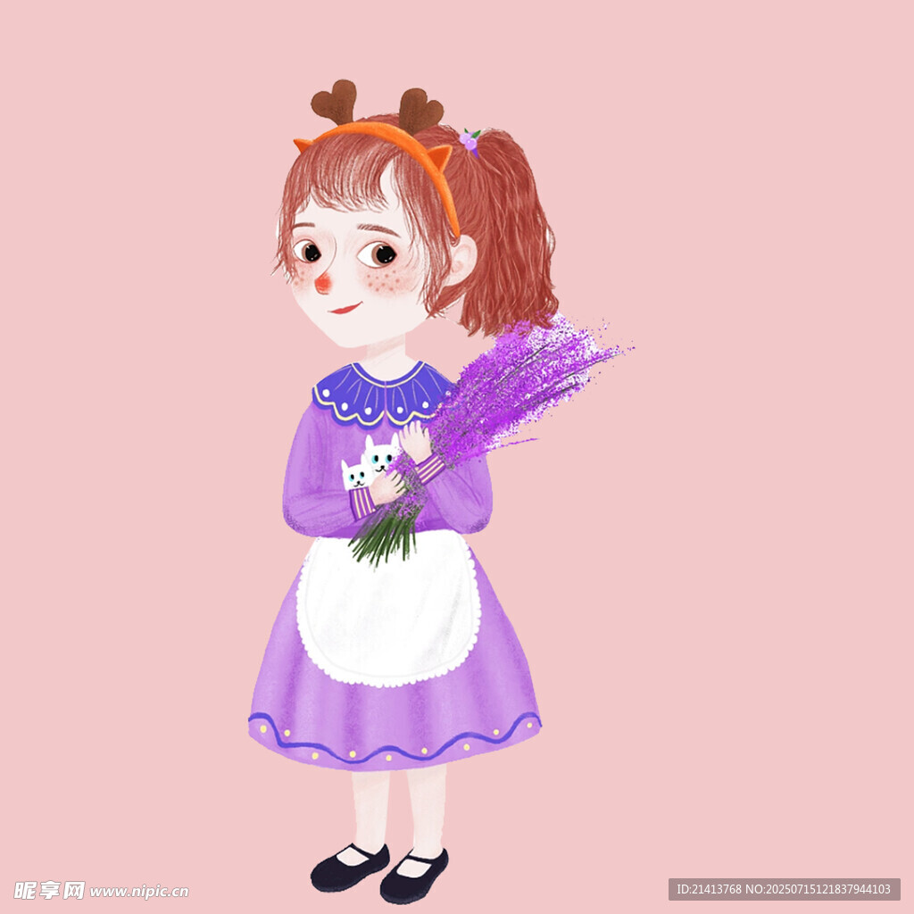 手持花束的可爱紫衣女孩