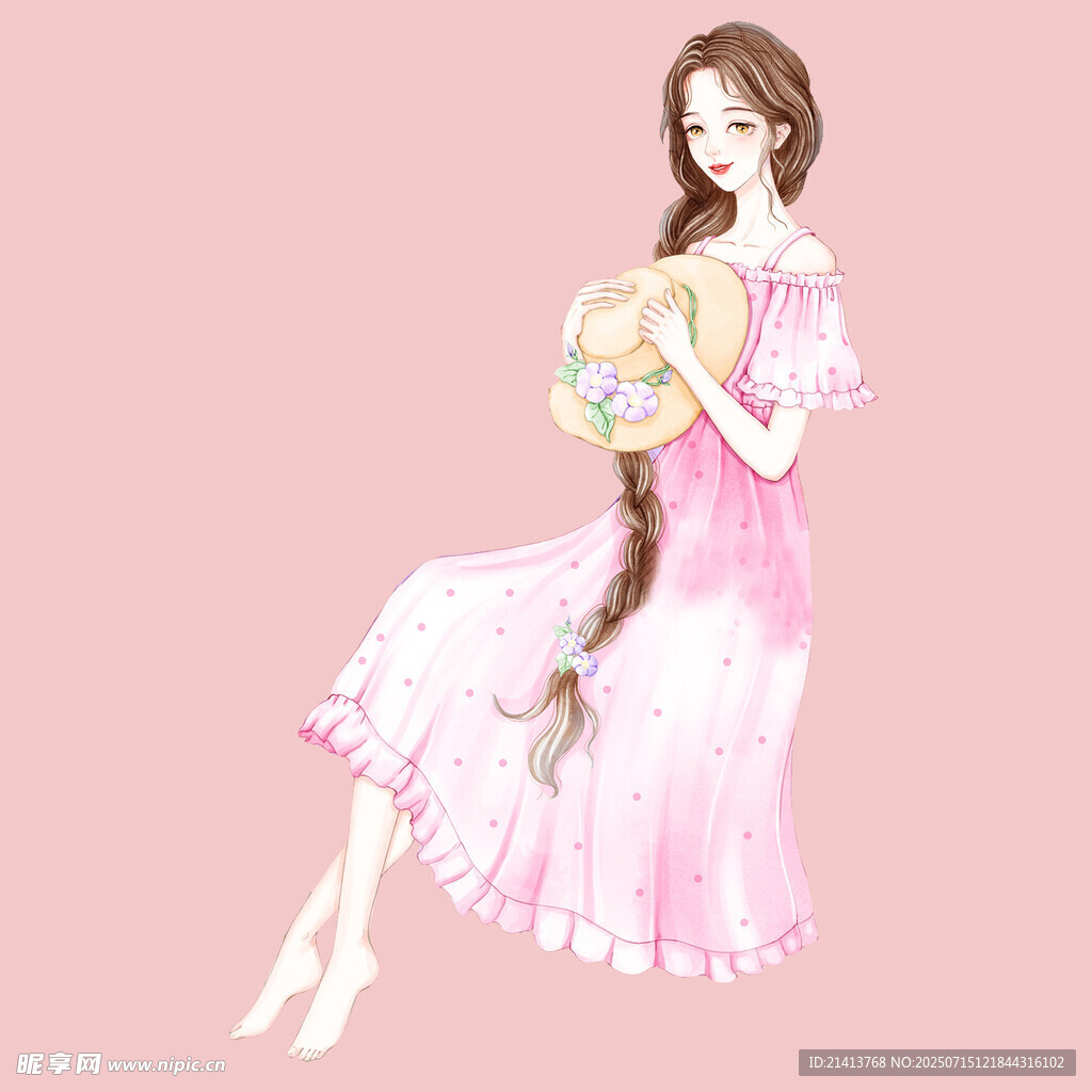 持球粉裙长发优雅少女