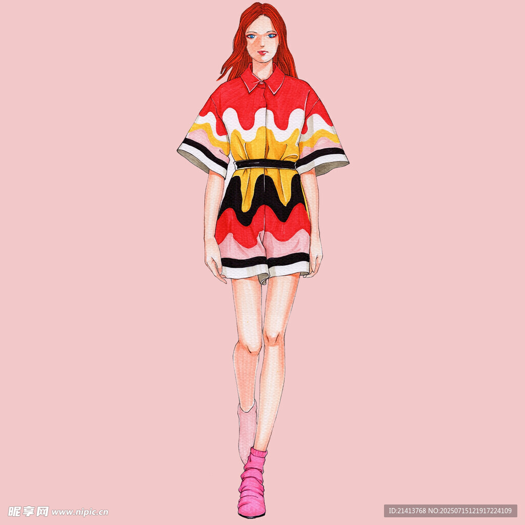 时尚红发女性彩色服饰造型