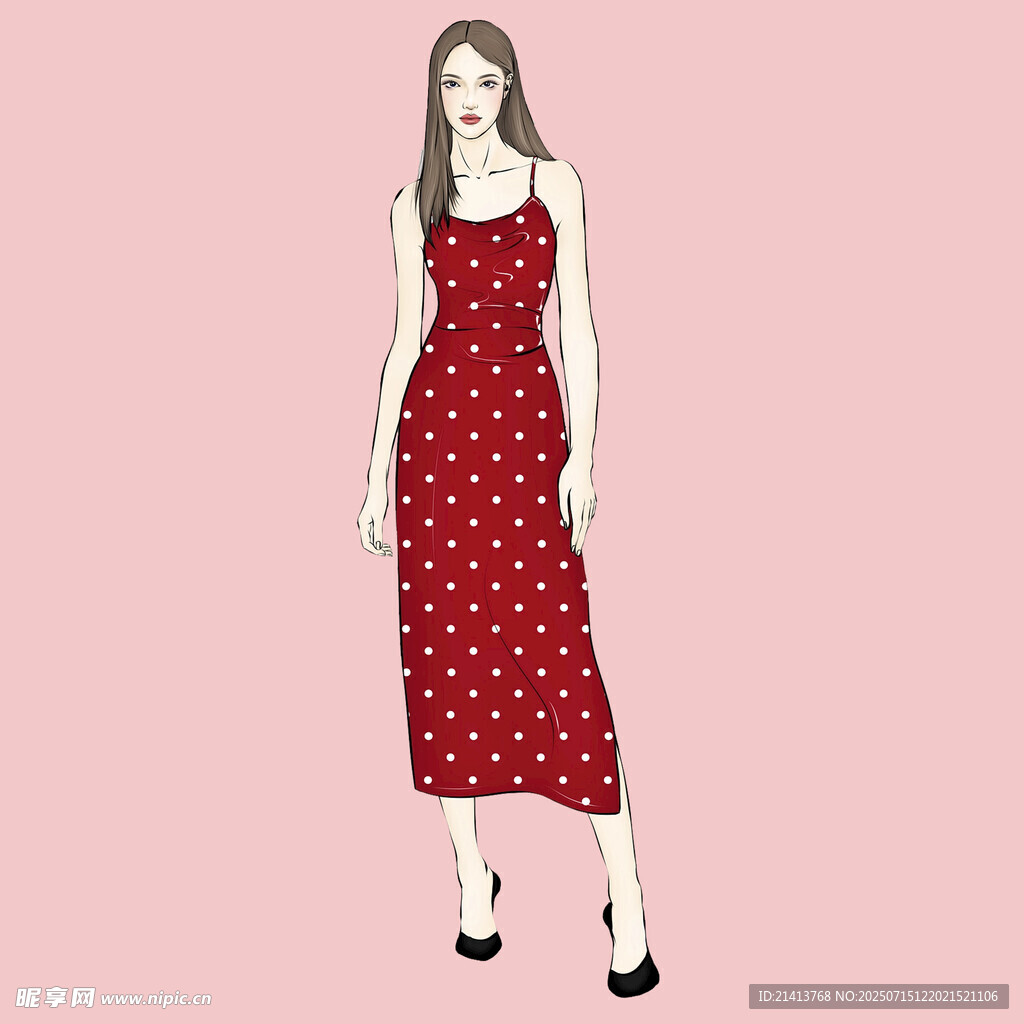 红色波点吊带长裙女性