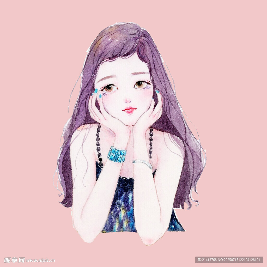 可爱紫发女孩手托脸颊