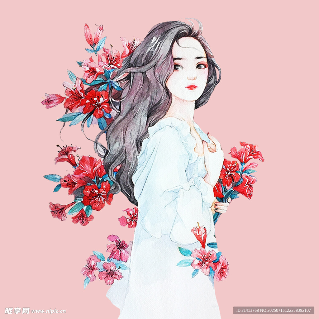 白衣女子与繁花相伴
