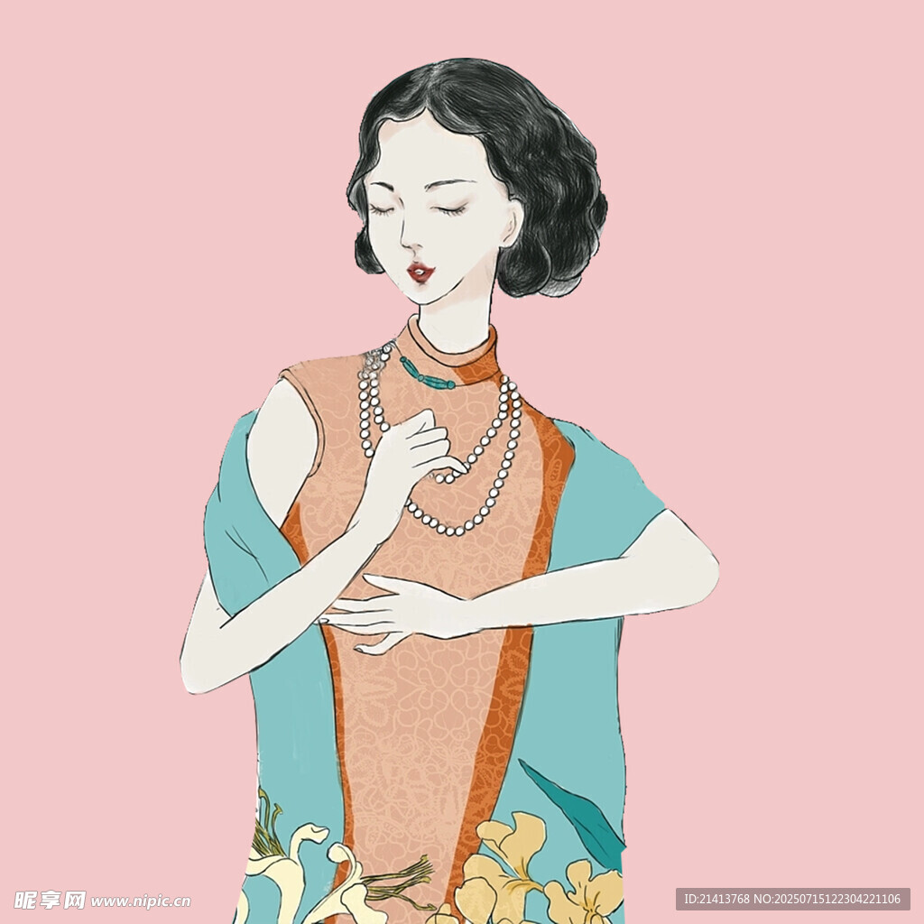 复古旗袍女子优雅姿态
