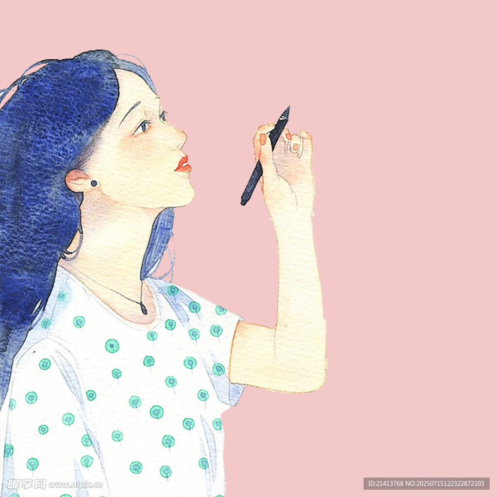 蓝发女孩手持笔的清新插画