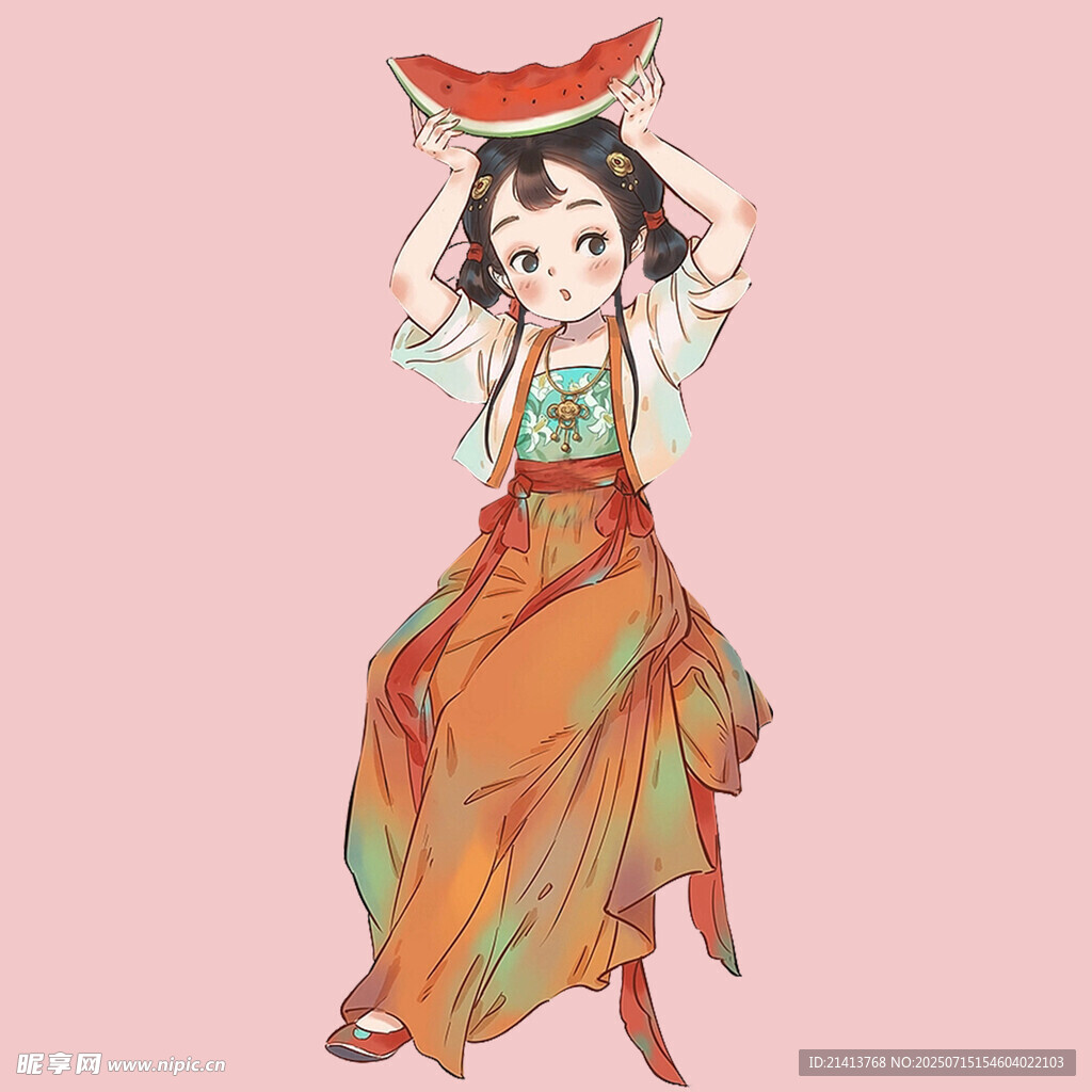 古风少女举西瓜俏皮模样