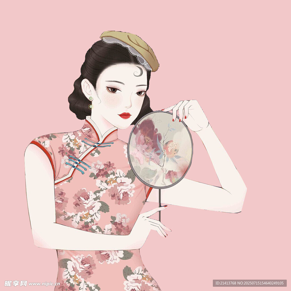 古典旗袍女子持扇赏镜