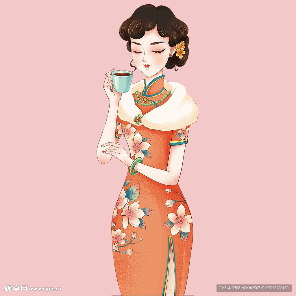 复古旗袍女子优雅品茶