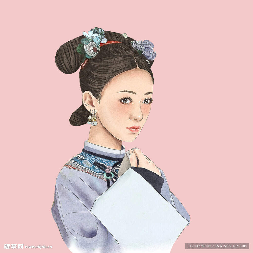 古典旗装女子手持书卷