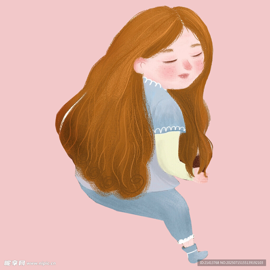 长发女孩惬意蹲坐