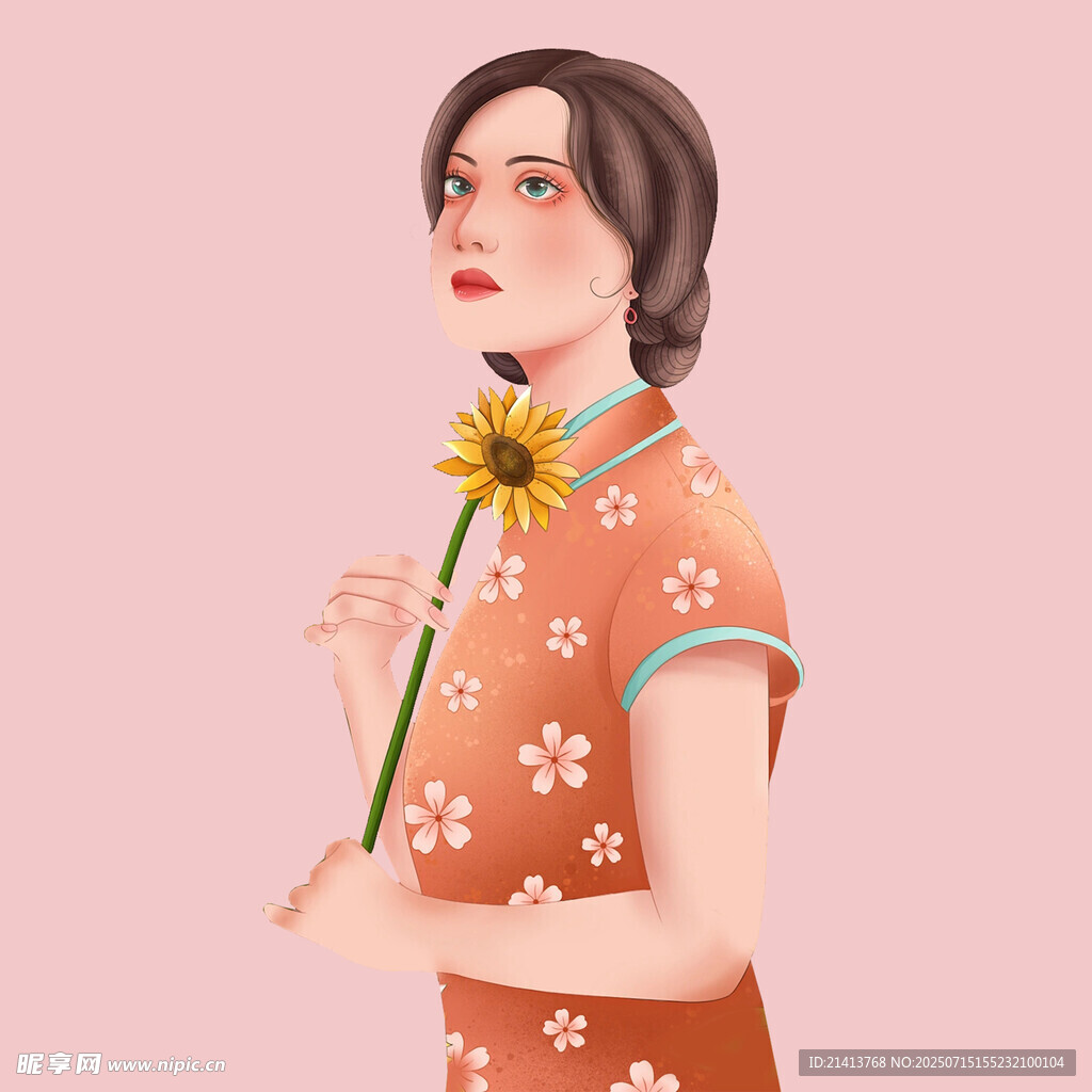 旗袍女子手持向日葵