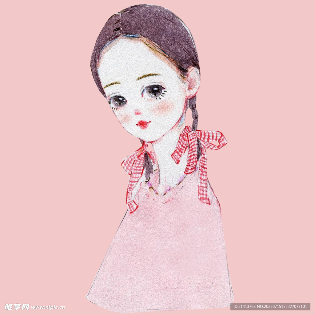 扎辫粉裙女孩插画