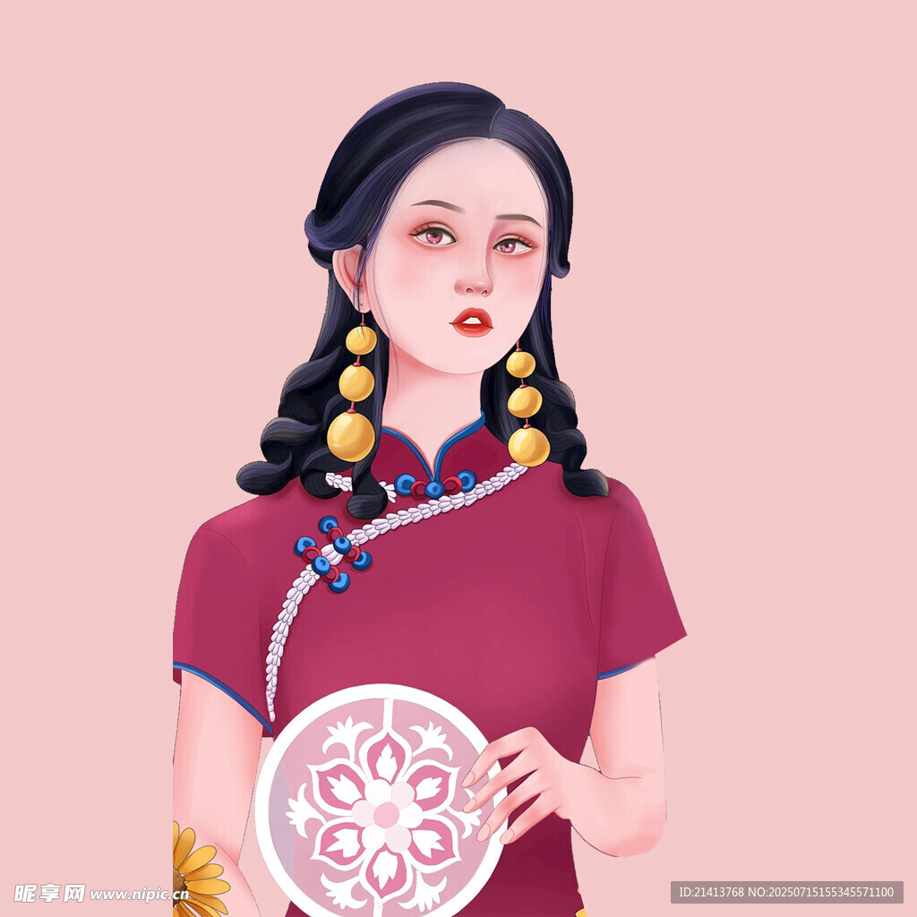 古典旗袍女子手持精致团扇